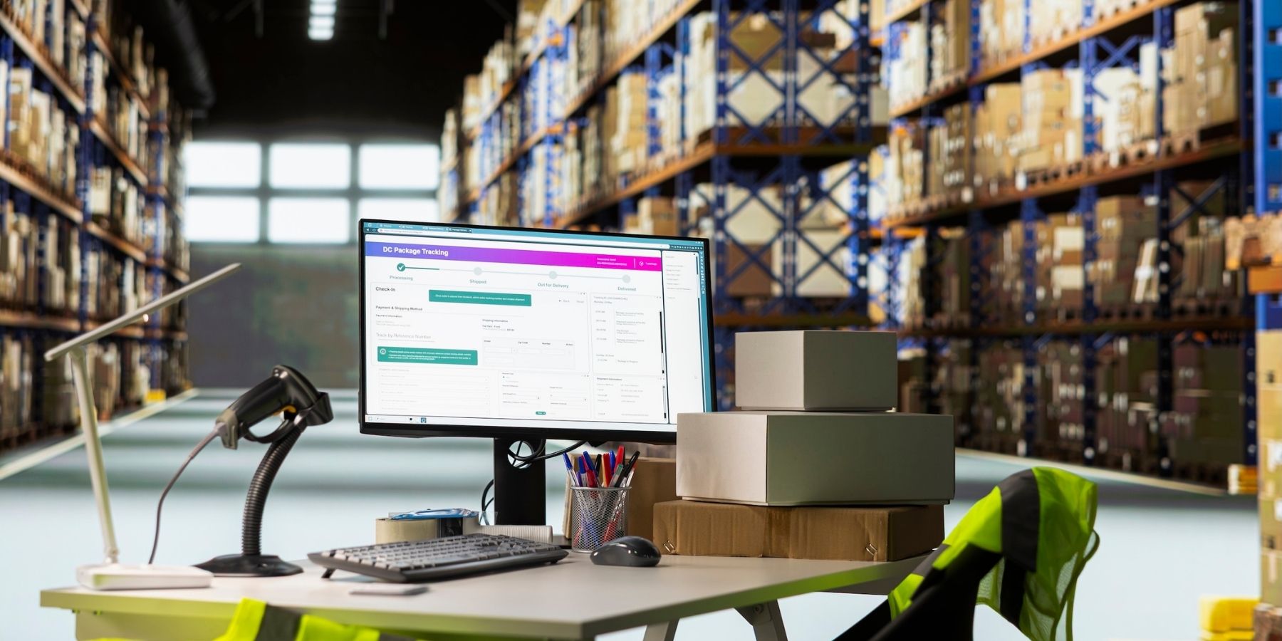 Computer with packages in warehouse